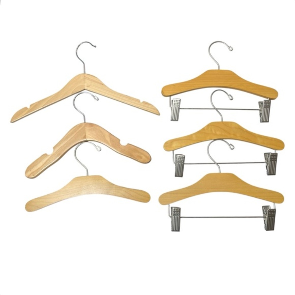 Set of 6 Wooden Infant Kids Hangers w/ Clips Baby Child Size Natural Wood